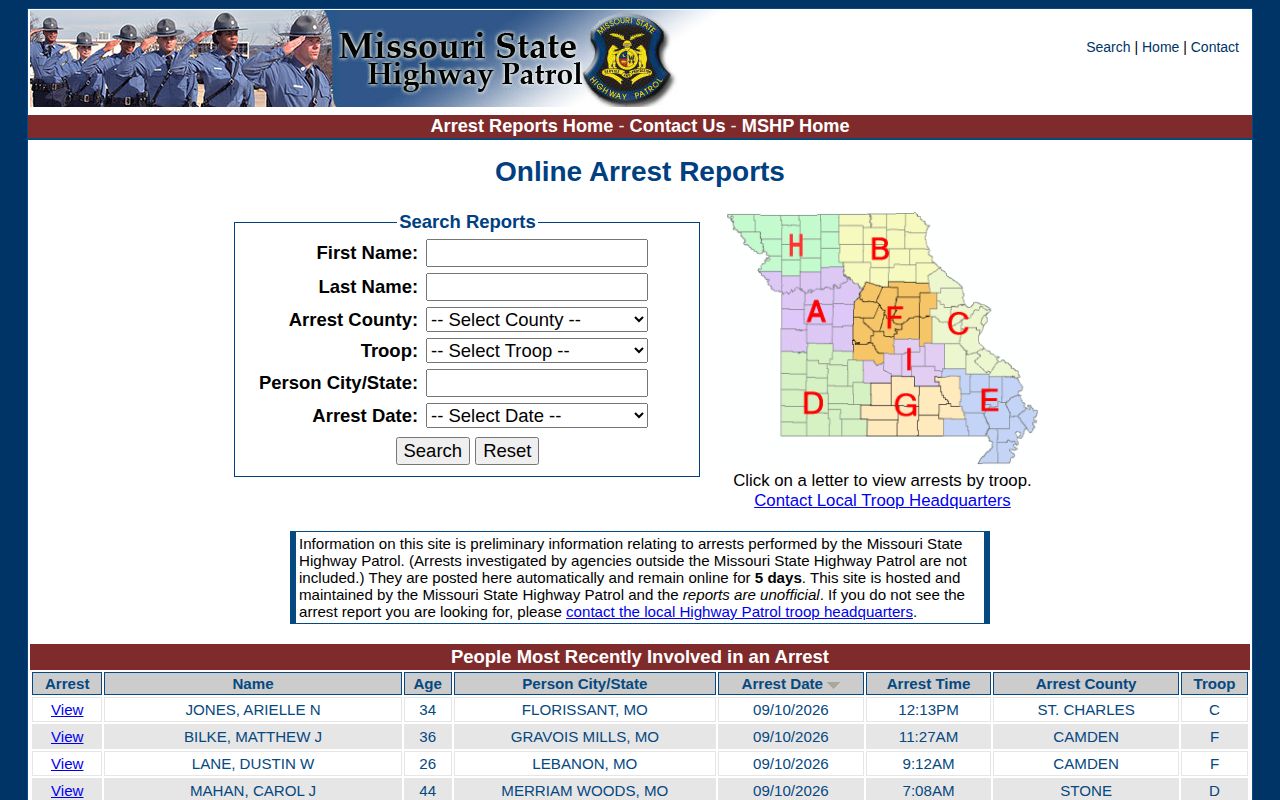Missouri State Highway Patrol search for Marion County same-day arrests