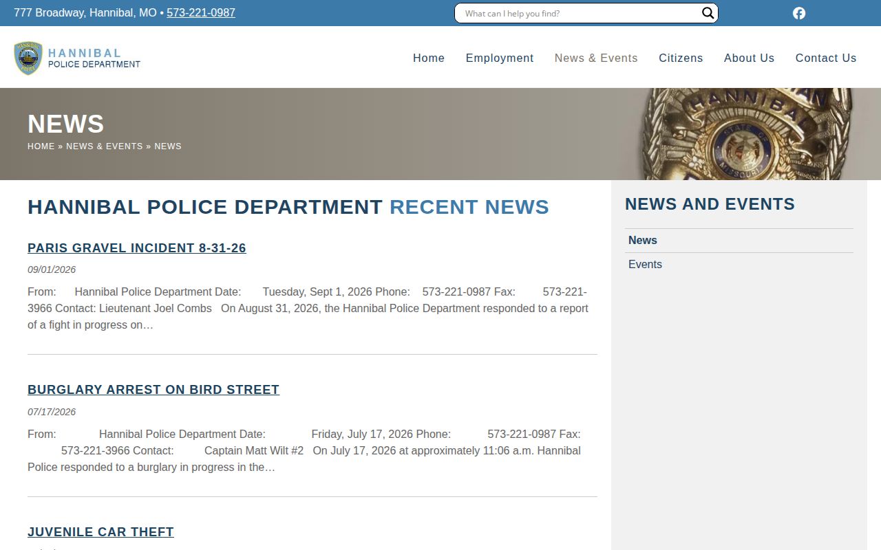 Official Hannibal Police Department news archive