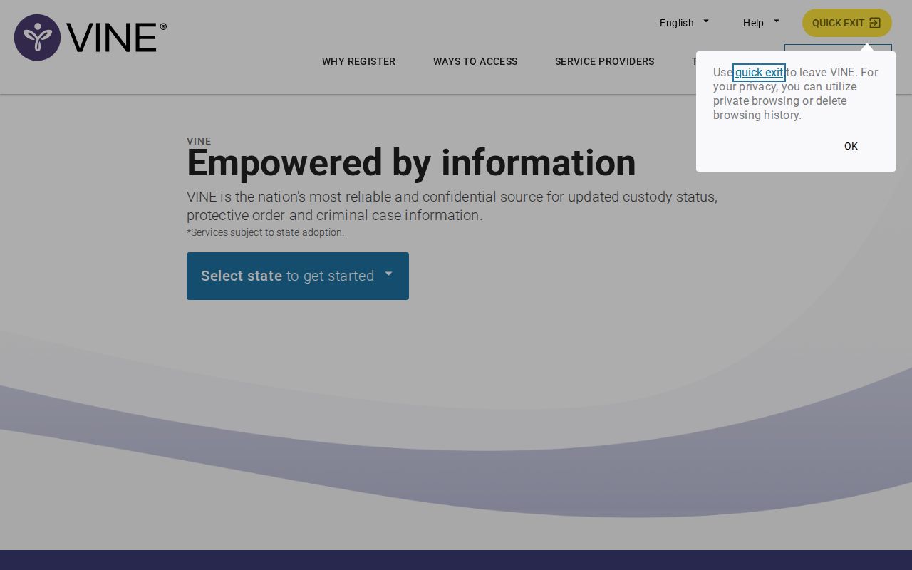 VINELink search and custody notification entry screen for Missouri MOVANS