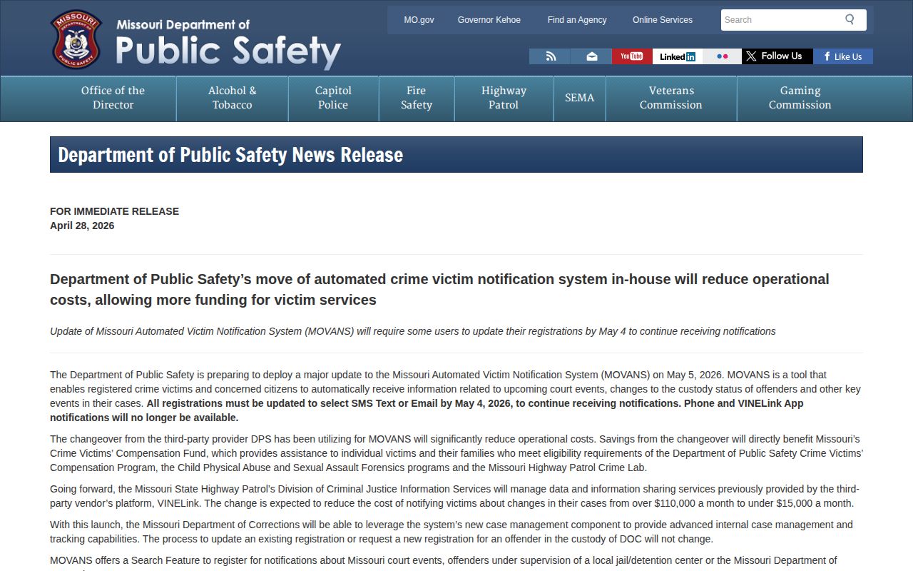 Missouri DPS notice explaining the 2026 MOVANS notification channel change