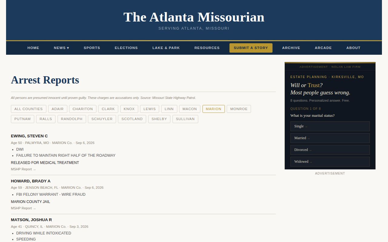 Atlanta Missourian Marion County filter for Missouri State Highway Patrol arrests