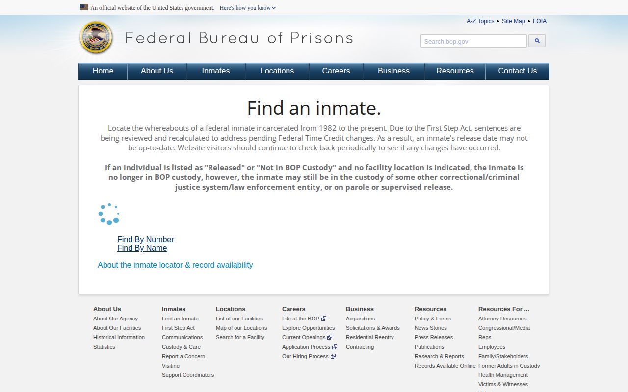 Federal Bureau of Prisons official inmate locator interface